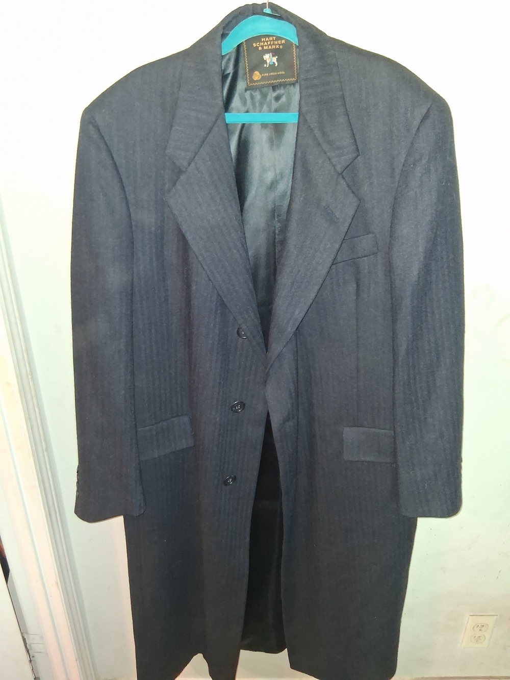 Vintage Hart Schaffner Marx Men's Black Pinstripe Overcoat Long Size XL